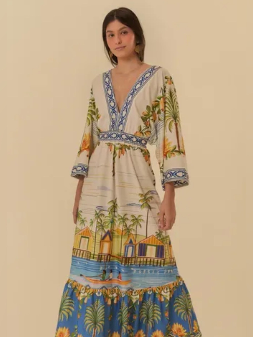 FARM Rio Cream Maxi Dress with Blue and Yellow Coastal Print